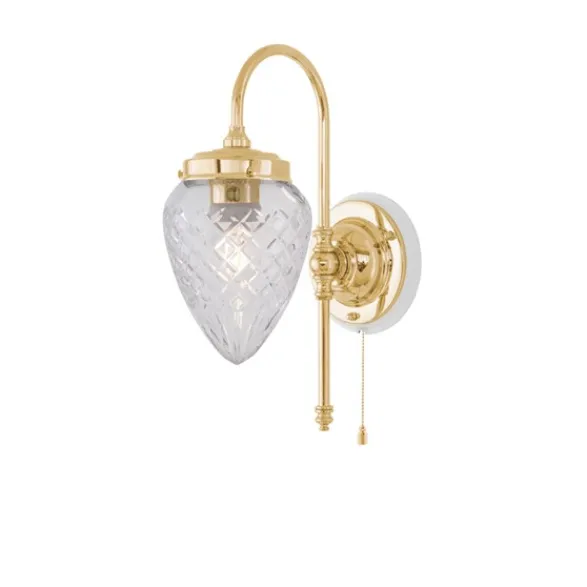 Karlskrona Lampfabrik Blomberg Vägglampa m. dragbrytare, polerad mässing/benvit