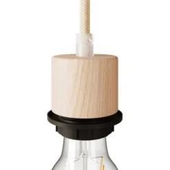 Creative cables Cylindrisk gängad lamphållare E27 i trä för lampskärm med dragavlastare