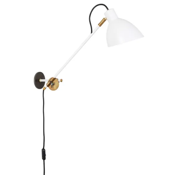 Konsthantverk KH#1 vägglampa med lång arm, vit/råmässing 55cm