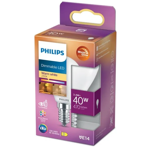 Philips LED-lampa 3,4W(40W) klot frostad E14 dim to warm